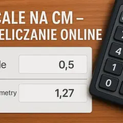 Kalkulator i ekran z przeliczeniem cali na centymetry (0,5 cala = 1,27 cm).