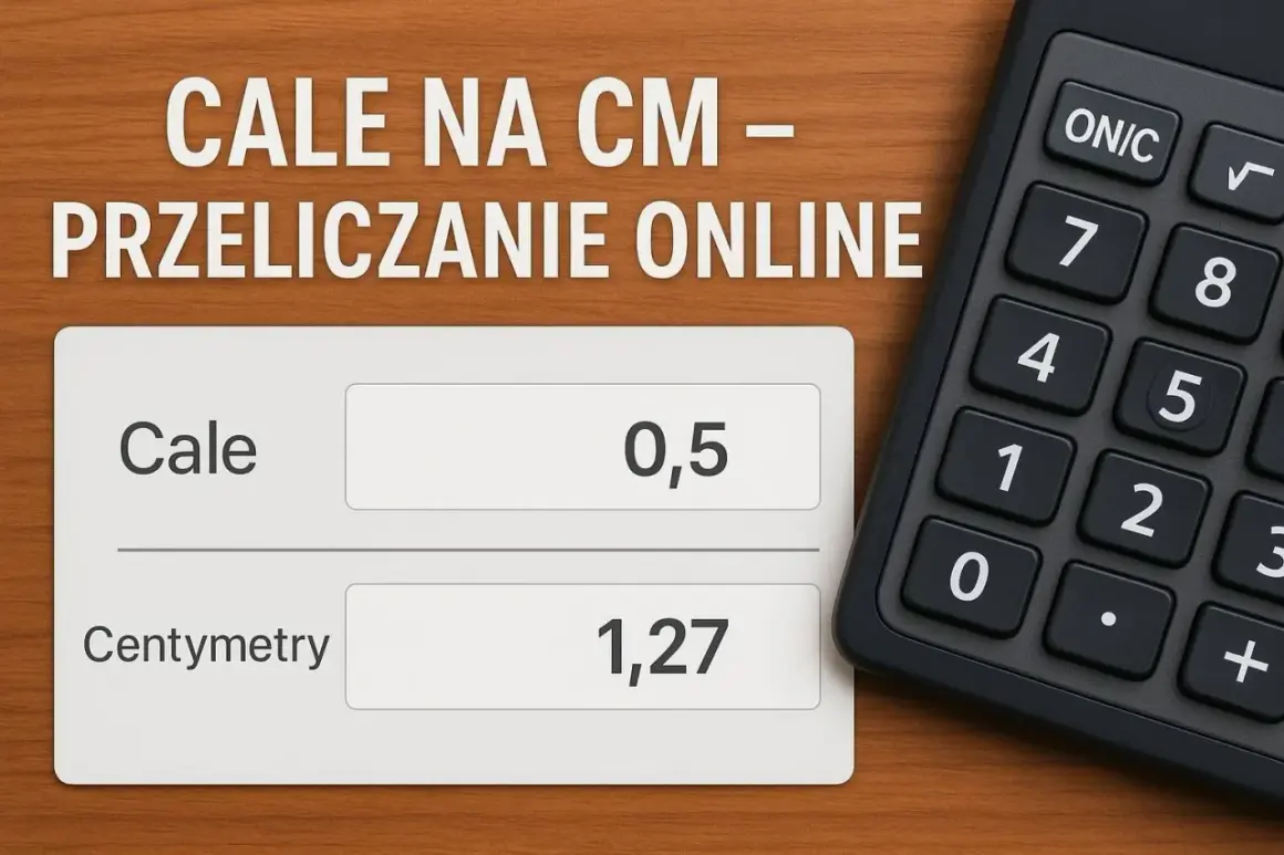 Kalkulator i ekran z przeliczeniem cali na centymetry (0,5 cala = 1,27 cm).